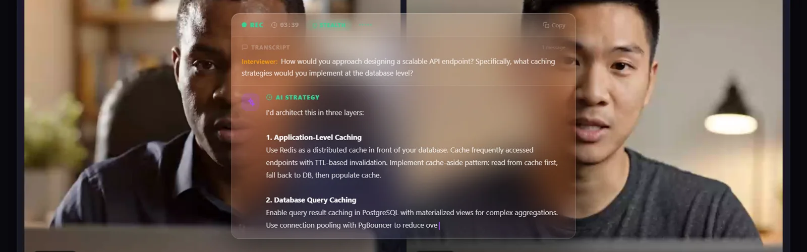 The CloakAI overlay answering a question during a video interview, invisible to the call